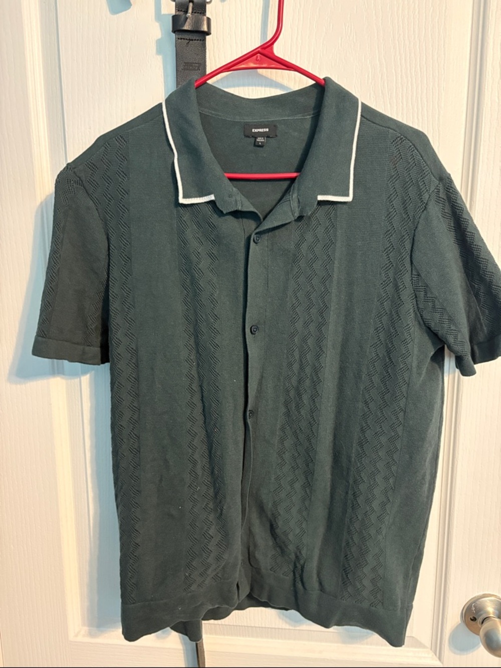 Express Dark Green Short-Sleeve Knit Polo with White Trim - Picture 1 of 2